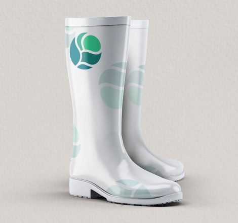 A pair of tall rubber rain and gardening boots, with the Econautics logo across the boots.